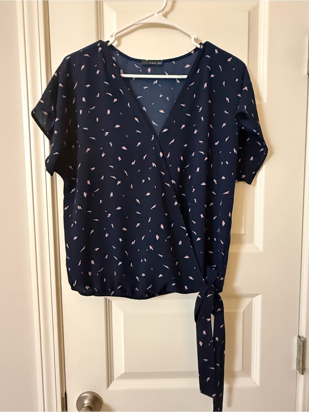 West Kei Navy Blue and Pink Print Wrap-Style Top Size Medium